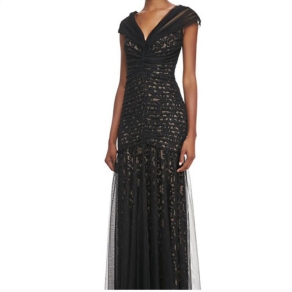 Tadashi Shoji Tulle Lace Overlay Ruched Dress